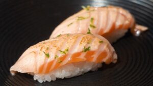 Seared Salmon Aburi nigiri at Paperfish, a healthy sushi Miami option perfect for a high-protein low-calorie dinner